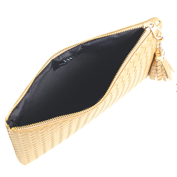 VIRGINIA WOLF Mimi Woven Pouch Metallic Gold Vegan Leather Curateur Rachel Zoe - Picture 2 of 8